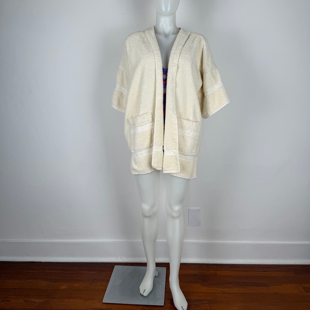 Vintage Cream Terry Cloth Beach Coverup Pocket Robe Short Sleeve OS HOME MADE ?